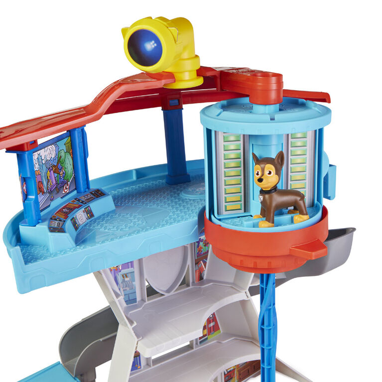 PAW Patrol, Lookout Tower Playset avec lance-véhicule, 2 figurines articulées Chase, voiture de police et accessoires