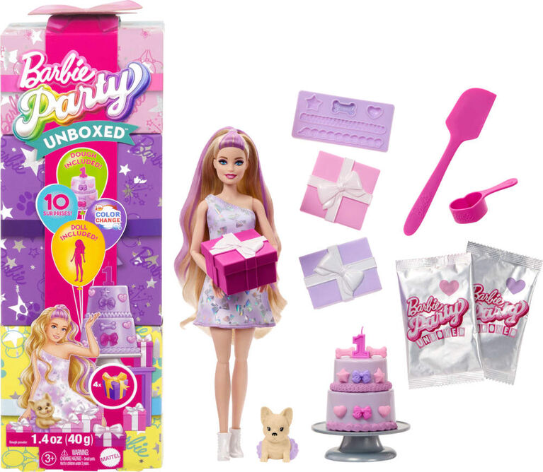 Barbie Party Unboxed Pet Birthday Series Doll & Accessories, Birthday Bows Set with 10 Surprises