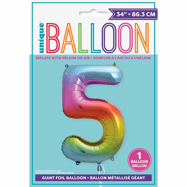Rainbow Number 5 Shaped Foil Balloon 34"
