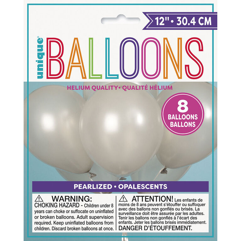 12" Latex Balloons, 8 Pieces - Silver
