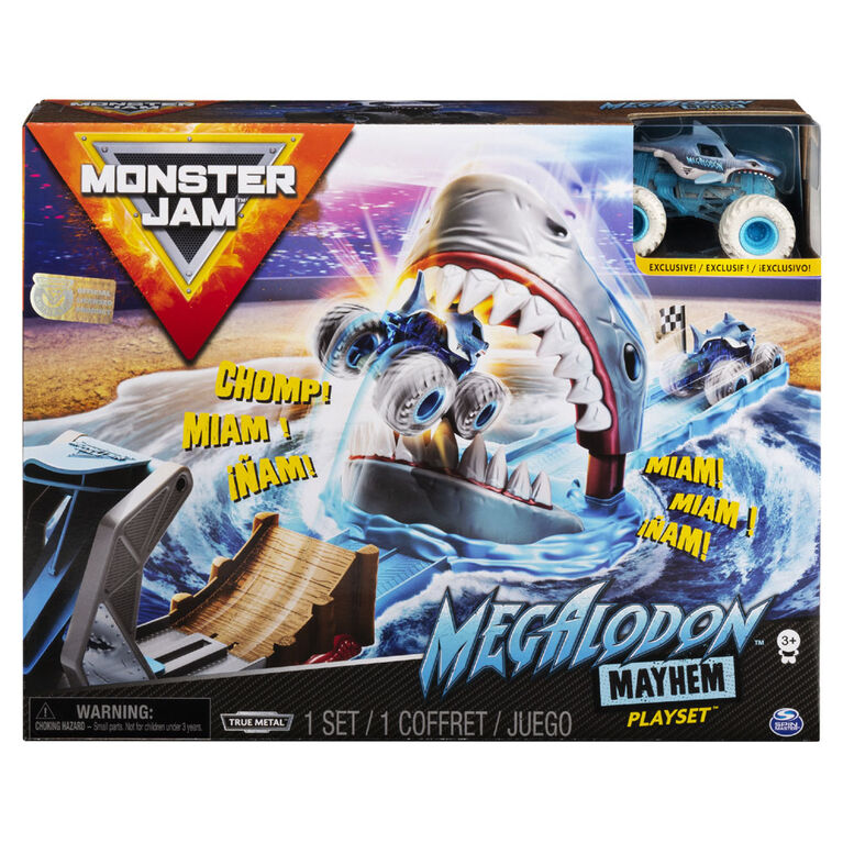 Monster Jam, Coffret Megalodon Mayhem officiel avec monster truck Megalodon exclusif en métal moulé à l'échelle 1:64