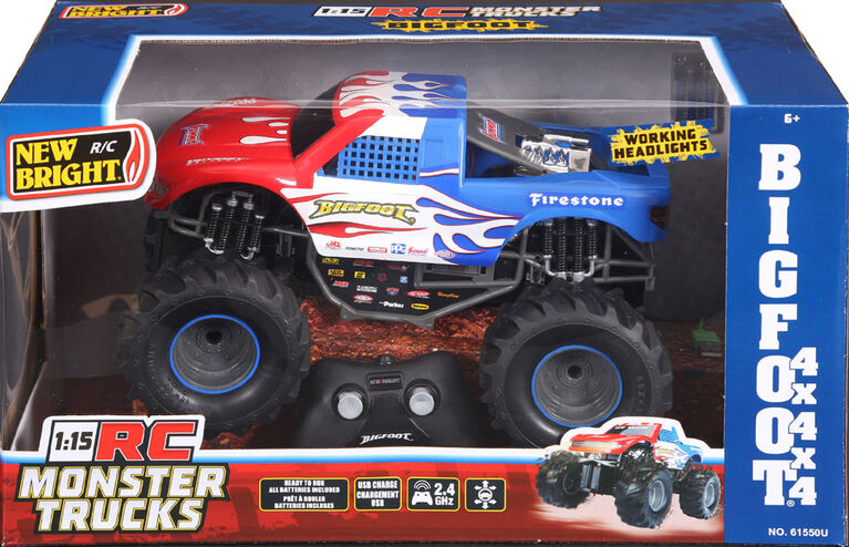 Camions Monster radiocommandés, échelle 1:15 Bigfoot Rouge, Blanc et Bleu - Notre exclusivité
