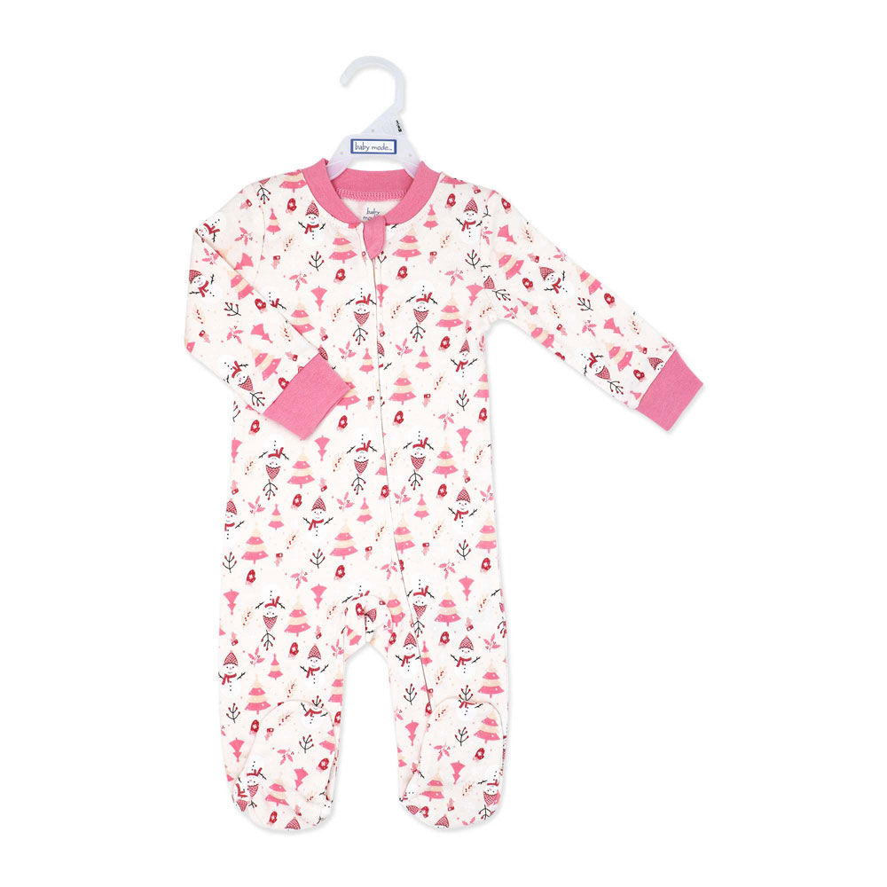 Baby Mode Zipped Cotton Christmas Sleeper: Pink Snowman 0-3M