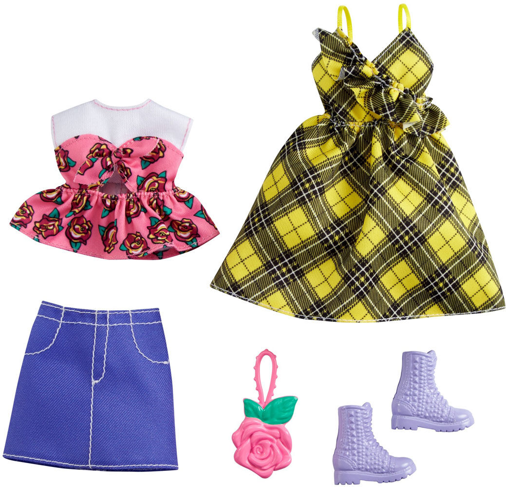 Barbie Fashions 2 Pack Clothing Set 2 Outfits for Barbie Doll Include Yellow Plaid Dress Floral Top Denim Skirt 2 Accessories