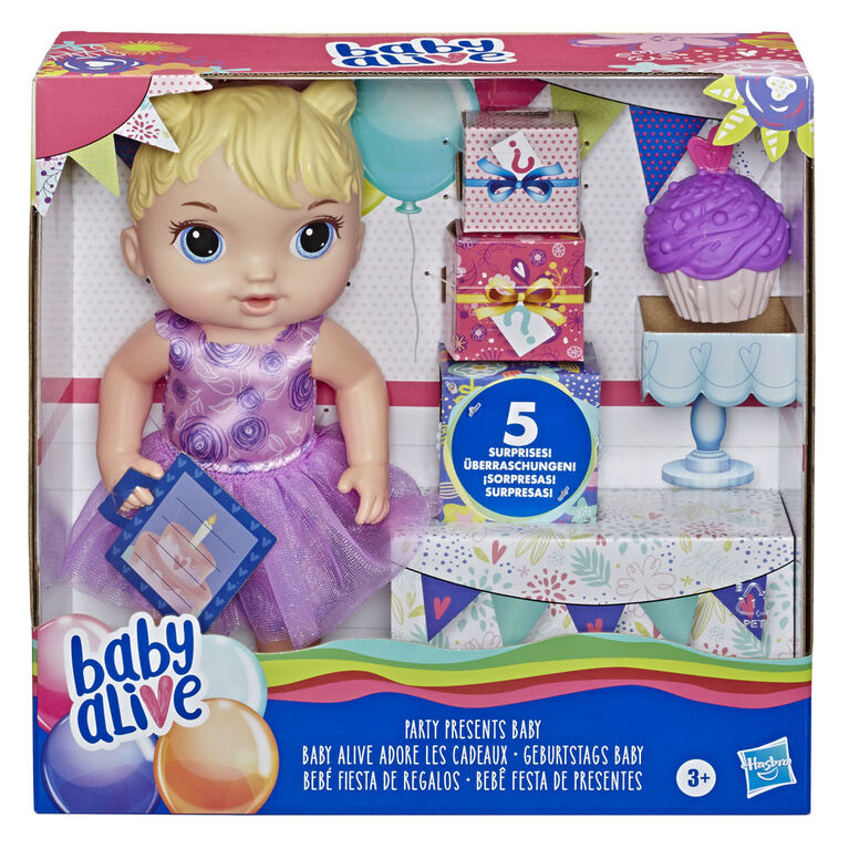 Baby Alive adore les cadeaux Cheveux blonds avec petit gâteau d'anniversaire et surprises - Notre exclusivité