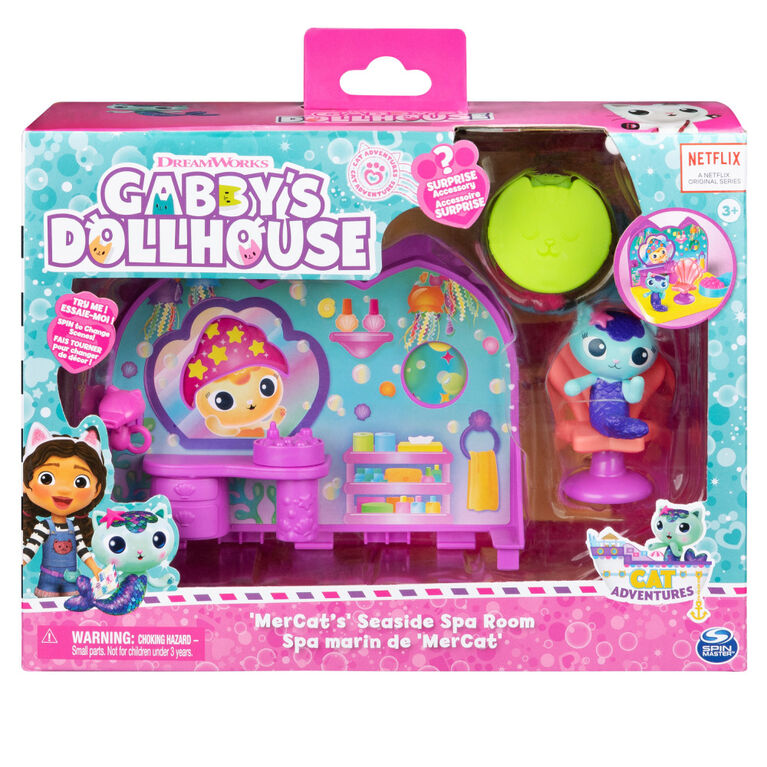 Gabby's Dollhouse, MerCat's Spa Room Playset, with MerCat Toy Figure, Surprise Toys and Dollhouse Furniture