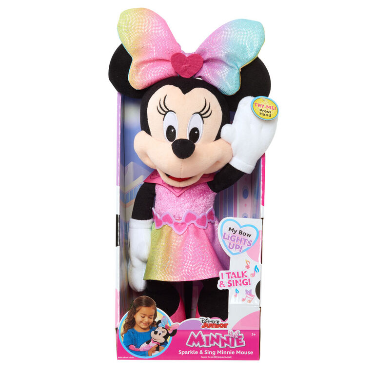 Disney Junior Minnie Mouse Sparkle and Sing Minnie Mouse, 13 Inch Feature Plush with Lights and Sounds