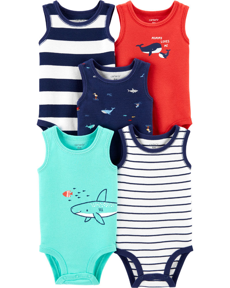 Carter's 5-Pack Whale Tank Bodysuits - Navy/Turquoise/Red, 24 Months