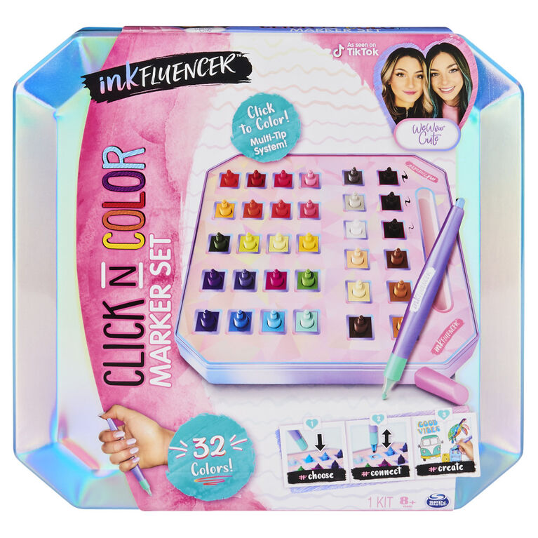 inkFLUENCER, We Wear Cute Click N Color Marker Set, Activity Kit With 32 Click-on Marker Tips