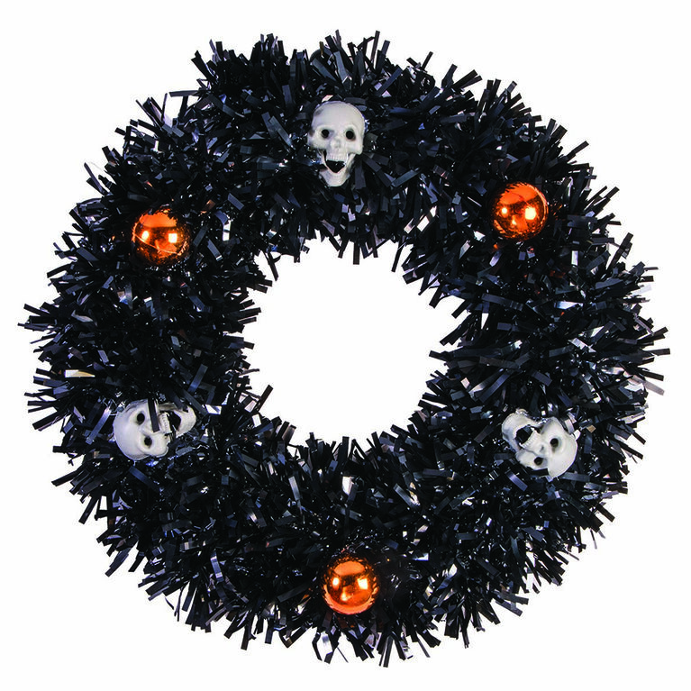 Tinsel Wreath With Skulls & Balls - Black