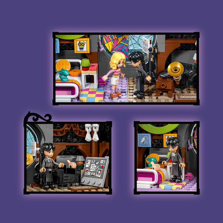LEGO Mercredi : Le dortoir de Mercredi et Enid, Cadeau de l'Académie Nevermore, 4 minipoupées 76781