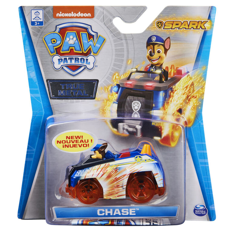 PAW Patrol, Véhicule Chase en métal moulé True Metal à collectionner, Série Étincelle à l'échelle 1:55