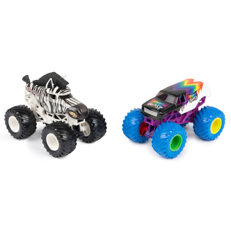 Monster Jam, Official Racing Stripes Vs. Rainbow Blast Die-Cast Monster Trucks, 1:64 Scale