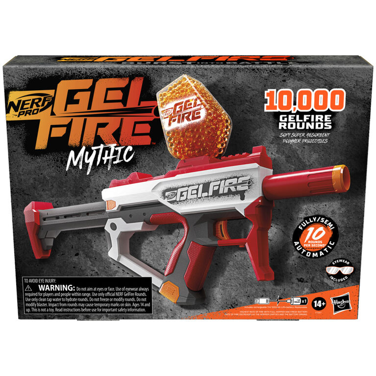 Nerf Pro Gelfire, blaster automatique Mythic avec 10 000 billes Gelfire, chargeur-trémie 800 billes, pile rechargeable, lunettes