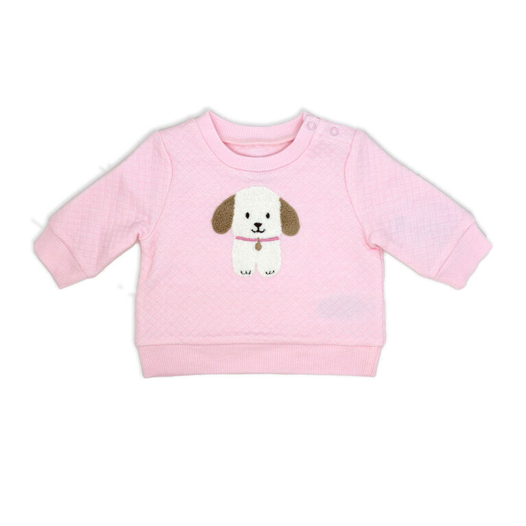 Baby Mode Quilted Top and Fleece Pant Set: Pink Puppy 9M
