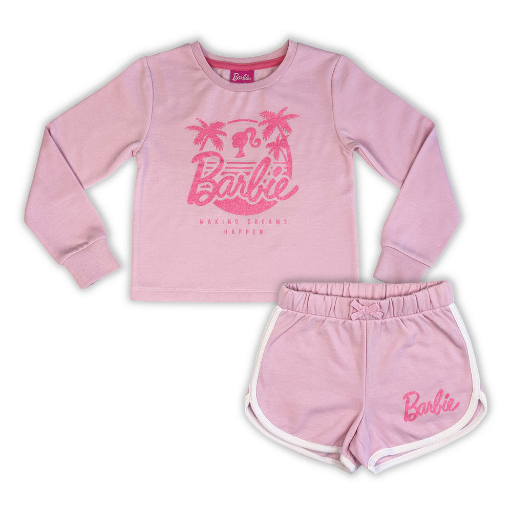 Barbie 2 Piece Long Sleeve Crewneck Short Set Pink
