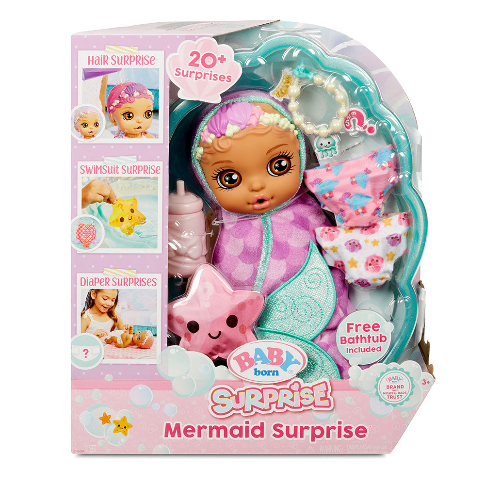 Surprises Baby Doll with Purple Towel with 20 BABY born Surprise Mermaid Surprise