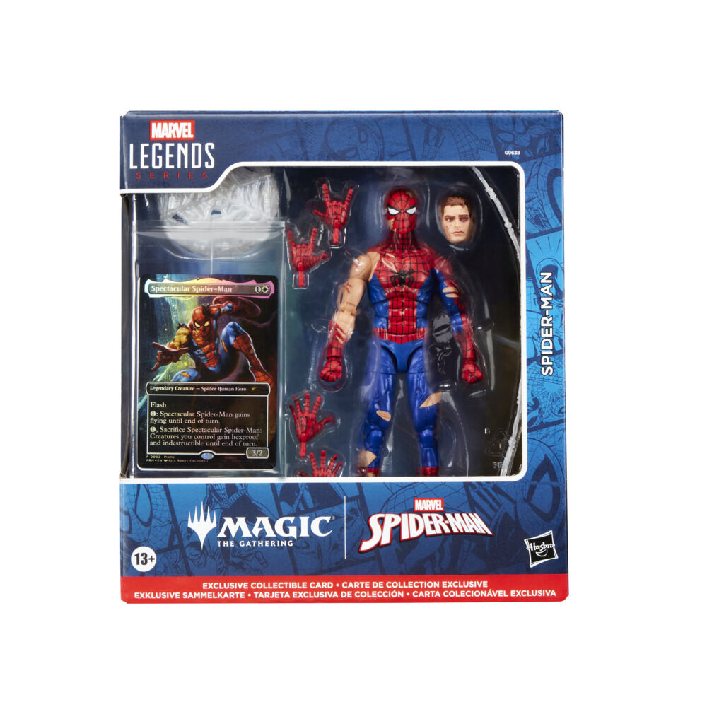 Marvel Legends Series Magic: The Gathering, figurine Spider-Man endommagé au combat avec carte premium exclusive