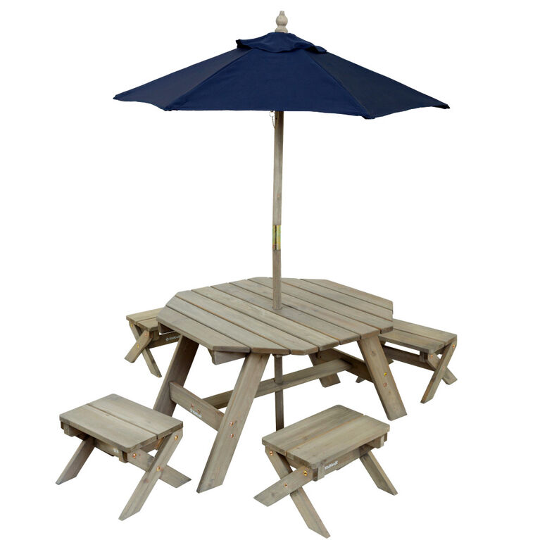 KidKraft - Wooden Octagon Table, Stools and Umbrella Set, Kids' Outdoor Furniture, Barnwood Gray and Navy