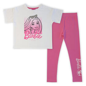 Barbie 2 Piece Tee & Legging Set - White/Pink 5