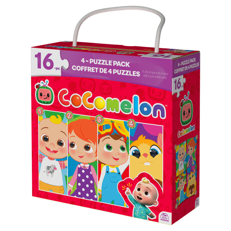 CoComelon, Coffret de 4 puzzles de 16 pièces faciles à assembler, JJ et ses amis, Série YouTube et Netflix, avec boîte cadeau portable à poignée en corde