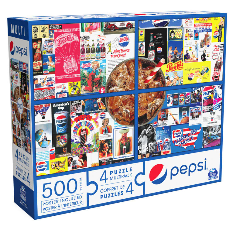 Pepsi, Coffret de 4 puzzles, 500 pièces qui se combinent pour former un méga puzzle sur le thème du célèbre soda