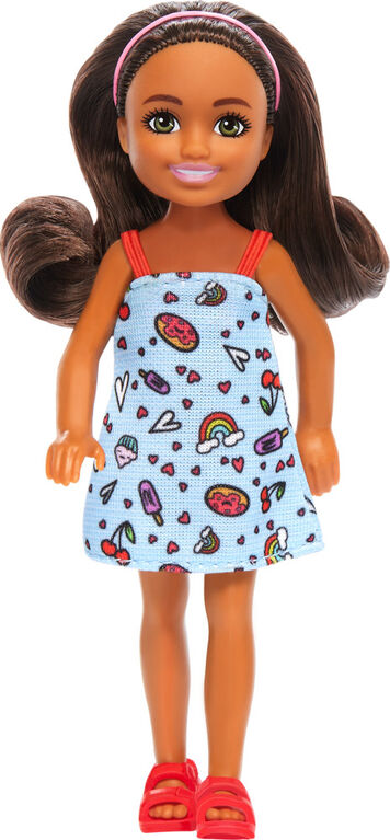 Barbie Chelsea Doll, Small Doll Wearing Removable Blue Dress with Brown Hair & Green Eyes