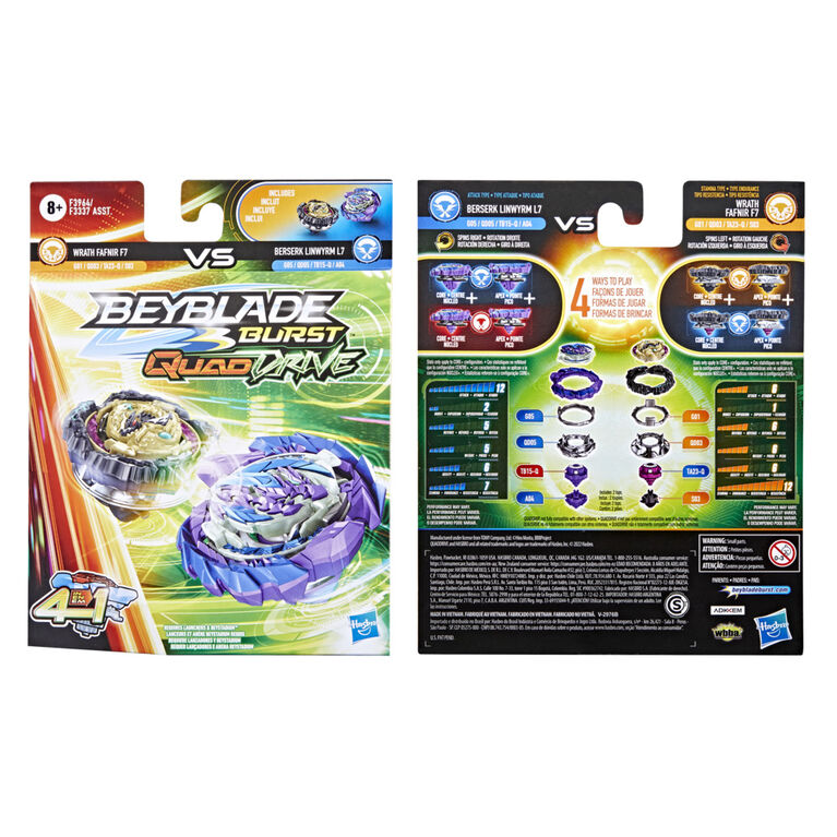 Beyblade Burst QuadDrive Wrath Fafnir F7 and Berserk Linwyrm L7 Spinning Top Dual Pack