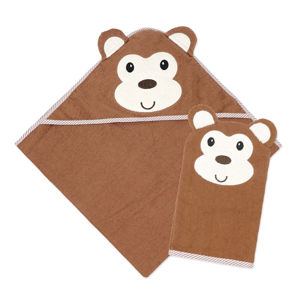 Baby Mode Signature Brown Monkey Hooded Towel and Mitt