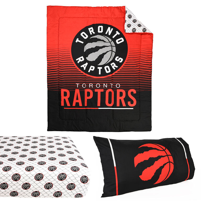 NBA Toronto Raptors 4 Piece Twin Bedding Set with Reversible Comforter, Fitted Sheet, Flat Sheet and Pillowcase by Nemcor