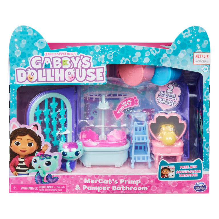 DreamWorks Gabby's Dollhouse, Primp and Pamper Bathroom with MerCat Figure, 3 Accessories, 3 Furniture and 2 Deliveries