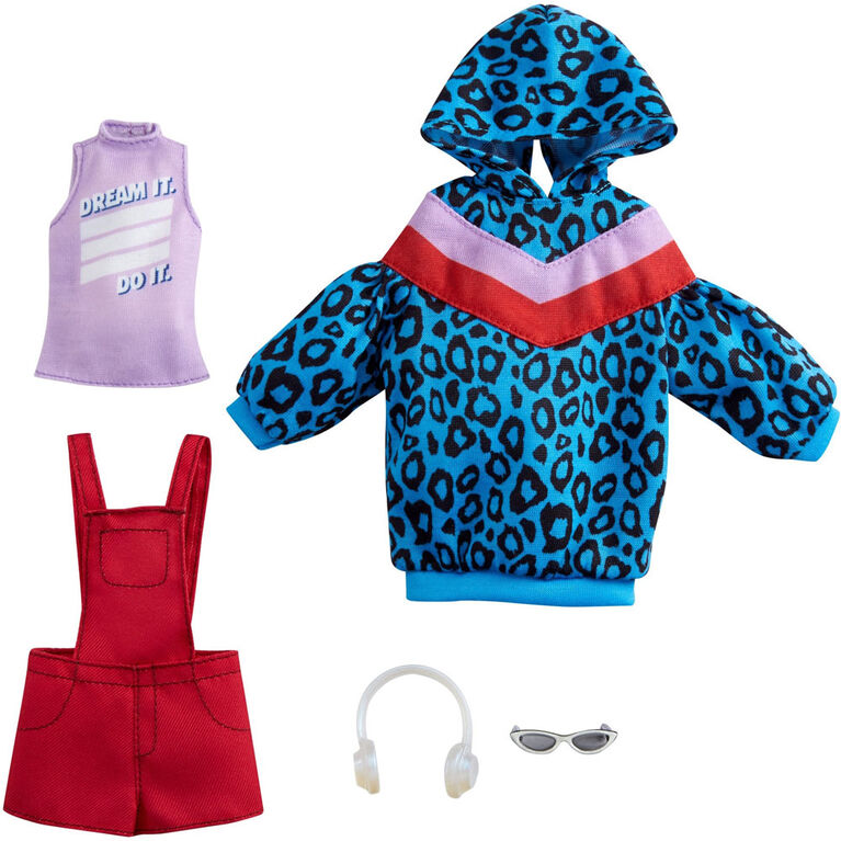 ​Barbie Fashions 2-Pack Clothing Set, 2 Outfits for Barbie Doll Include Animal-Print Hoodie Dress, Graphic Top, Red Overalls & 2 Accessories