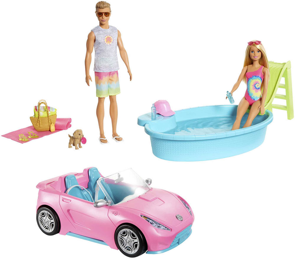 Barbie Gift Set with Convertible Car Pool Barbie Doll and Ken Doll in Swimwear