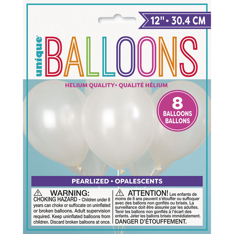 12" Latex Balloons, 8 Pieces - White
