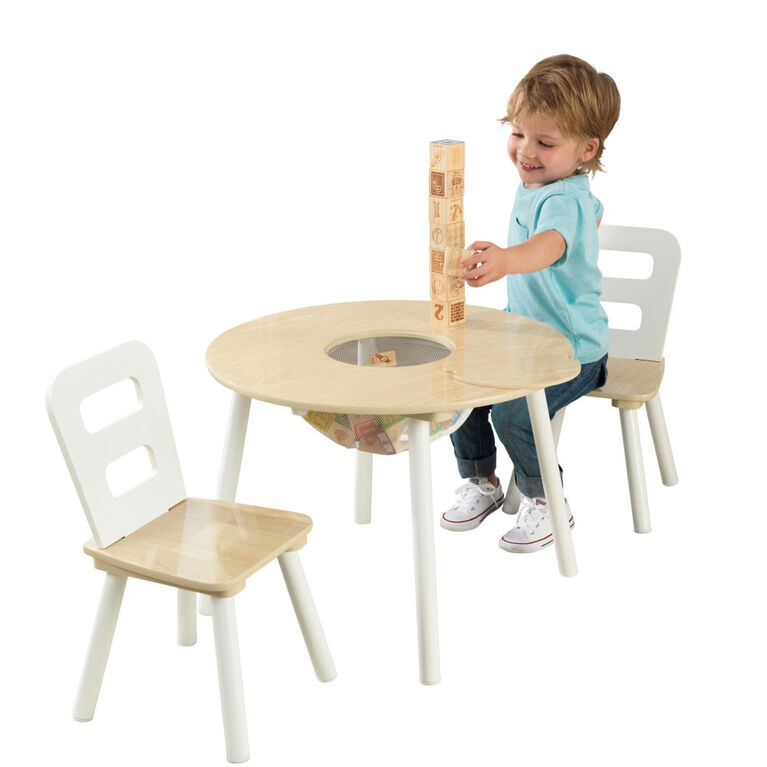 Ensemble table ronde avec rangement + 2 chaises - Coloris naturel et blanc