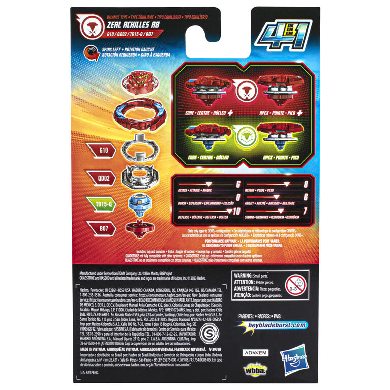 Beyblade Burst QuadStrike, Starter Pack avec toupie de compétition Zeal Achilles A8 type défense/équilibre et lanceur