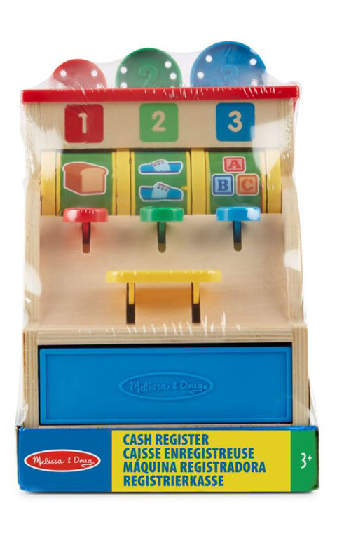 Melissa & Doug Spin and Swipe Caisse enregistreuse en bois avec 3 pièces de jeu, carte de crédit - les motifs peuvent varier