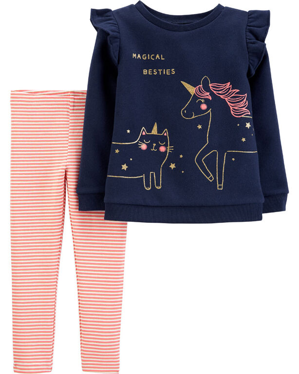 Ensemble 2 pièces haut en molleton à licorne et legging rayé Carter's - marine, 12 mois