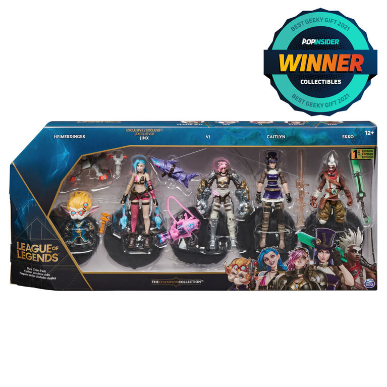 League of Legends, Coffret des Deux Cités avec figurine Jinx exclusive, Heimerdinger, Vi, Caitlyn et Ekko, Figurines à collectionner 10,2 cm, accessoires