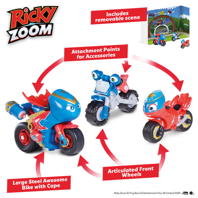 Ricky Zoom: Steel Awesome Adventure Multipack - 3 & 4 Inch Motorcycle Action Figures - Free-Wheeling, Free Standing Toy Bikes for Preschool Play - R Exclusive