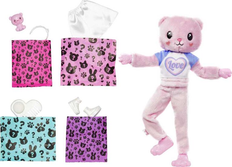 Barbie Cutie Reveal Doll and Accessories, Cozy Cute Tees Teddy Bear in "Love" T-shirt, Purple-Streaked Pink Hair and Brown Eyes