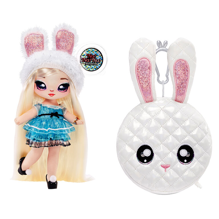 Na Na Na Surprise 2-in-1 Fashion Doll and Metallic Purse Glam Series - Alice Hops, Blonde Doll in Shimmery Blue Dress and Bunny Ears with White Rabbit Purse