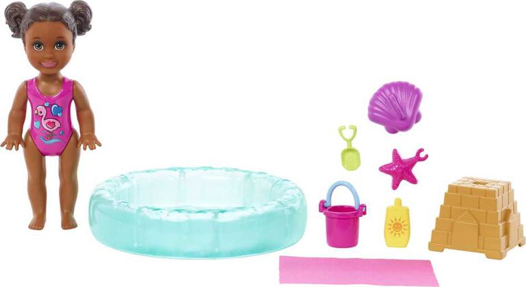 Barbie Small Doll and Accessories, Babysitters, Inc. Set with 1 Pool and 5 Pieces