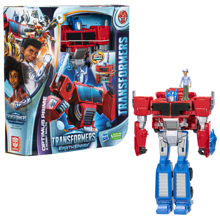 Transformers Toys EarthSpark Spin Changer Optimus Prime 8-Inch Action Figure with Robby Malto 2-Inch Figure