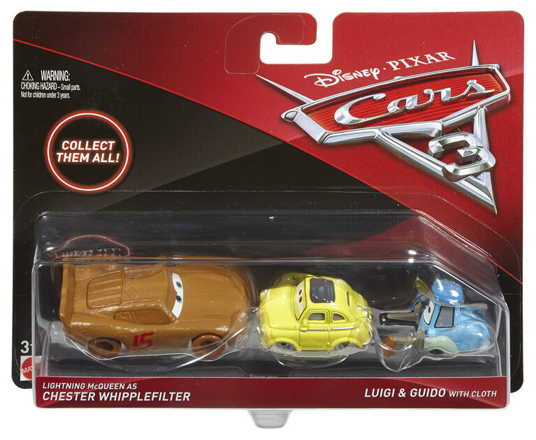 Disney/Pixar Les Bagnoles 3 - Coffret de 2 véhicules en métal moulé sous pression - Flash McQueen jouant Chester Whipplefilter, Luigi et Guido avec tissu.