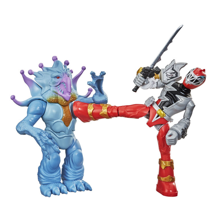 Power Rangers Dino Fury Battle Attackers, Red Ranger et Doomsnake, 2 figurines avec de coup de pied