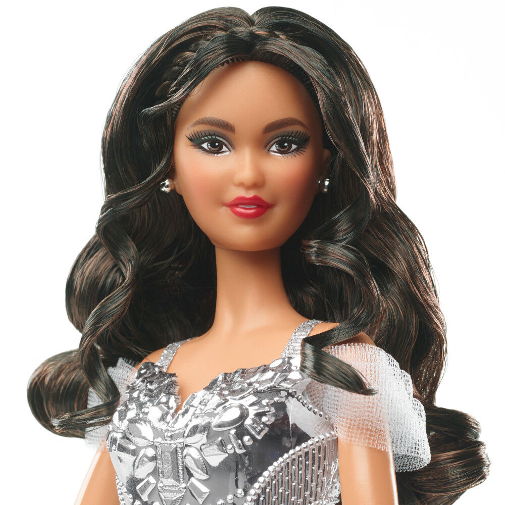 Barbie Signature 2021 Holiday Barbie Doll 12 inch Brunette Curly Hair in Silver Gown Toys R Us Canada