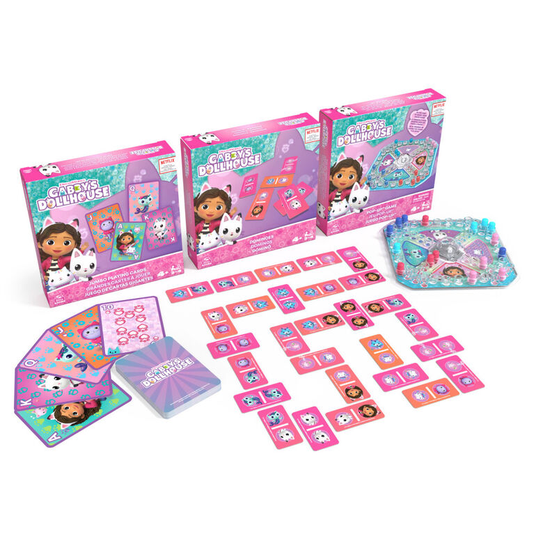Gabby's Dollhouse, Coffret cadeau de 3 jeux, jeu Pop-Up, dominos, cartes géantes, jouets Gabby et la maison magique