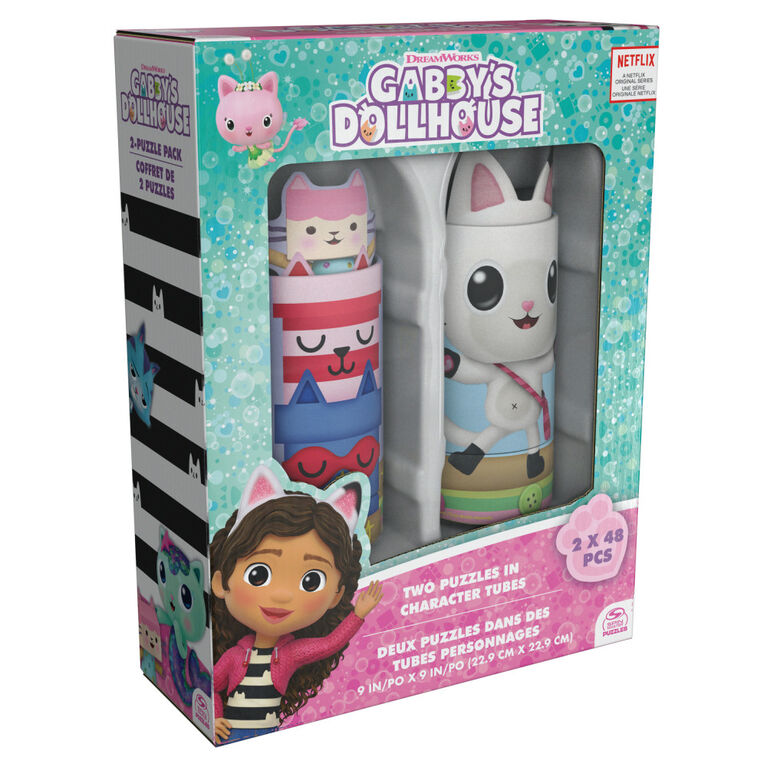 Gabby's Dollhouse, Coffret de 2 puzzles de 48 pièces avec tubes de rangement représentant les personnages, jouets Gabby's Dollhouse, puzzles pour enfants
