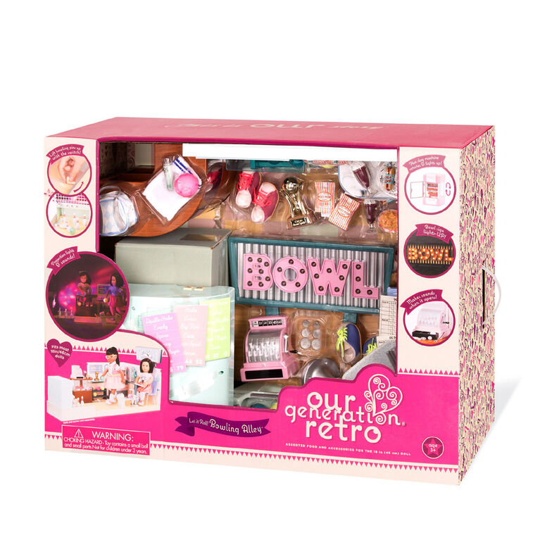 Our Generation, Let It Roll! Bowling Alley, Retro Bowling Alley Playset with Electronics for 18-inch Dolls - English Edition